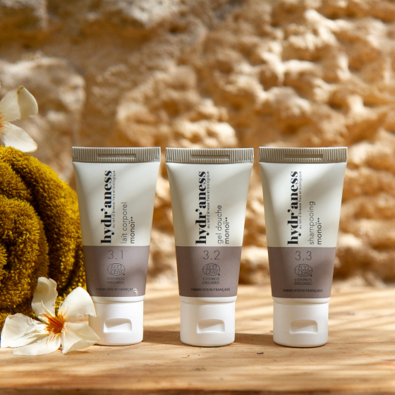 Cosmétiques bio au lait d'ânesse formats voyage monoï Hydr'aness