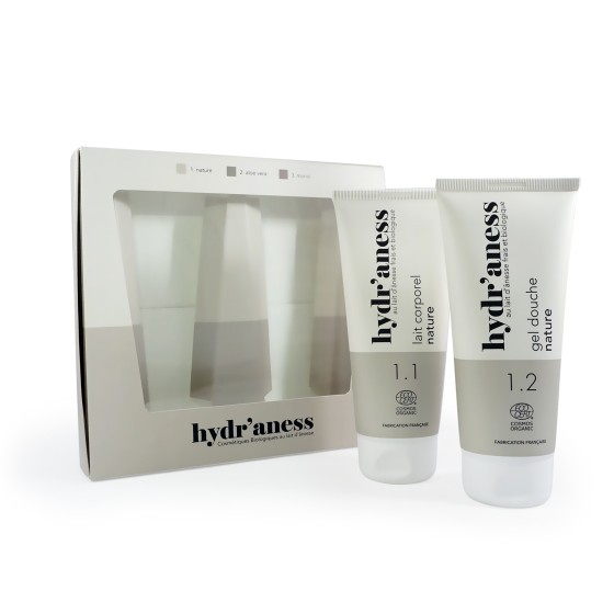 Coffret Hydr'aness avec gel douche et lait corps nature au lait d'ânesse bio