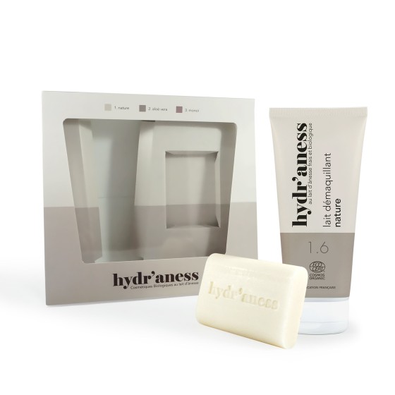 Coffret duo lait démaquillant et savon naturel au lait d'ânesse bio Hydr'aness