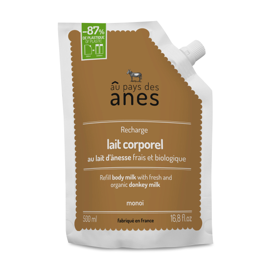 Recharge lait corporel au lait d'ânesse frais et biologique Monoï 500ml