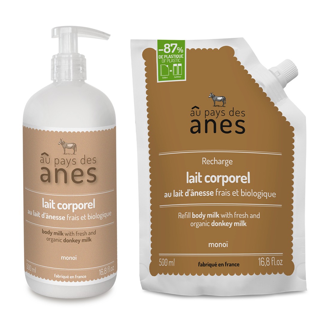 Pack lait corporel Monoï au lait d\'ânesse bio et sa recharge 500ml