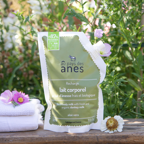 Recharge 500ml lait corporel au lait d'ânesse frais et biologique Aloe Vera