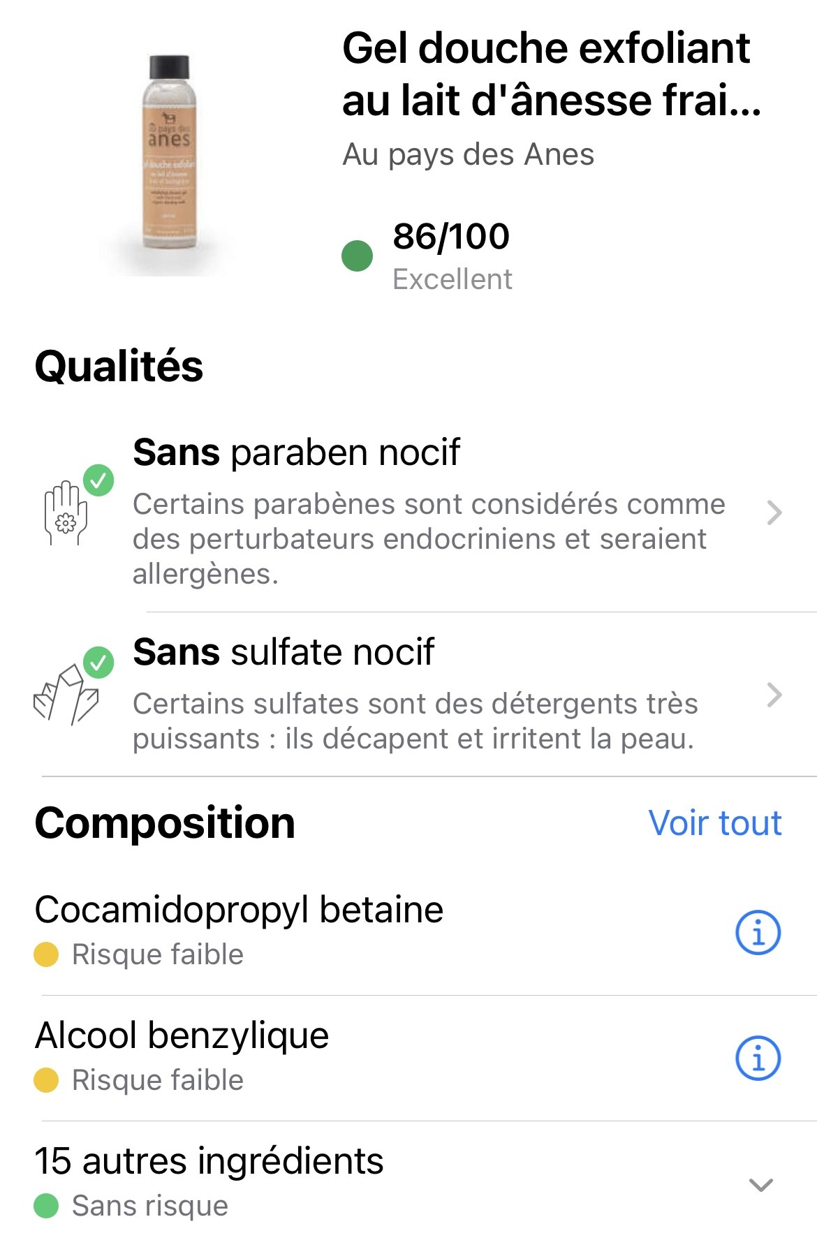 Exemple d'une analyse du gel douche exfoliant Au Pays des Ânes sur Yuka